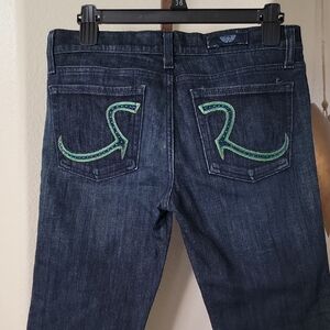 ROCK & REPUBLIC Jeans w/Rhinestone R's on Back Pockets Drk Blue Green Gold sz 27